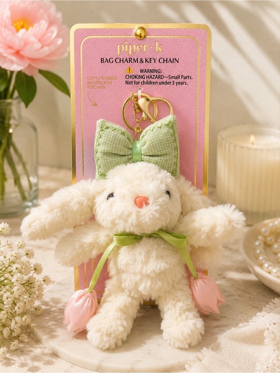 Piper K Handbags - Piper K Plush Bunny Bag Charm Key Chain - Cream & Pink Green Accents